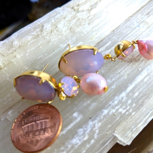 Large Pink Opal Rosewater and Pink Baroque Pearls in Drop Down Earrings GP - Picture 3 of 4